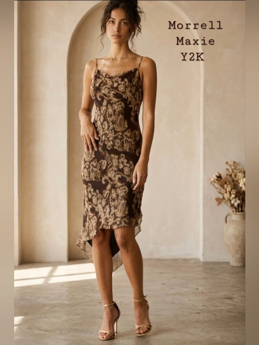Morrell Maxie Brown Paisley Slip Dress with Cream Accents Y2K